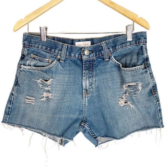 Loma Jeans Shorts 32 Distressed Blue Denim High Rise Cutoff Frayed Leather Patch - Picture 1 of 6